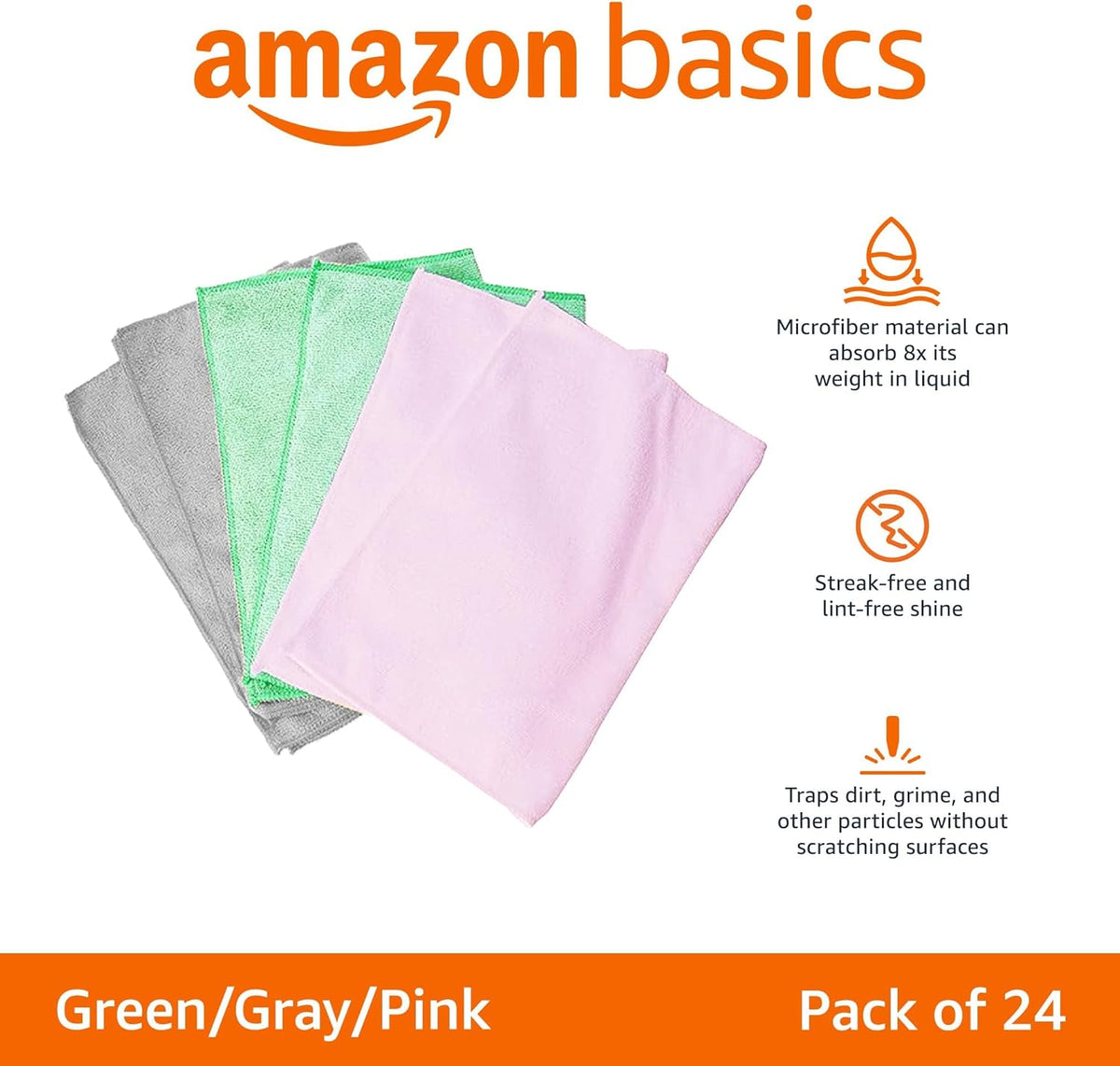 Amazon Basics Microfiber Cleaning Cloths, Ultra-Soft and Highly Absorbent, Streak-Free, Lint-Free, Scratch-Free, Washable, for Car Detailing and Glass Cleaning, 16" x 12", Green/Gray/Pink, 24-Pack