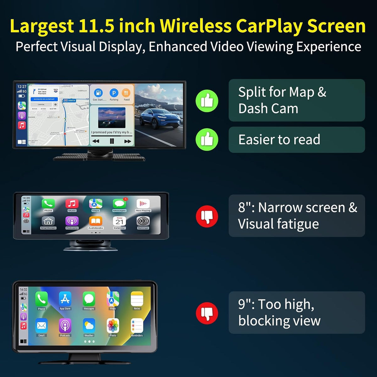 11.5 inch Wireless CarPlay Screen for Car, HD Touchscreen with Wireless CarPlay & Android Auto, 4K Dash Cam, 1080P Backup Camera, Navigation, Bluetooth, Voice Control, FM Transmitter, Mirror Link