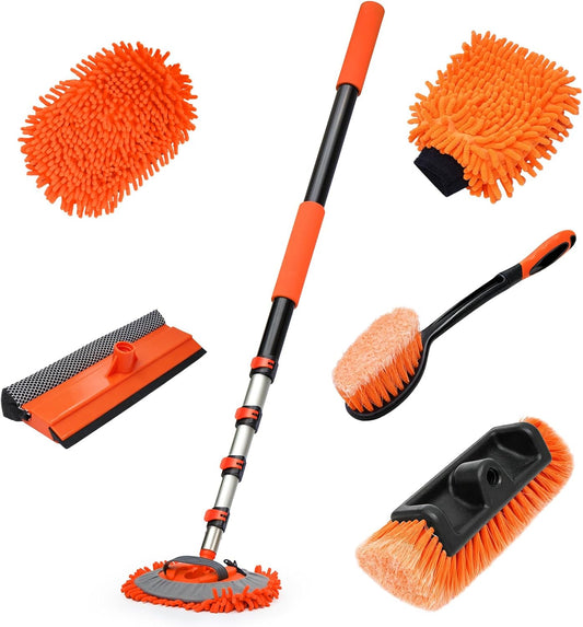 12FT Car Wash Brush with Long Handle, RV Wash Brush with Soft Chenille Microfiber Mop, Mitt and Windows Squeegee, Extendable Cleaning Kit for Truck, Boat or House Siding Ceiling, 5Pack