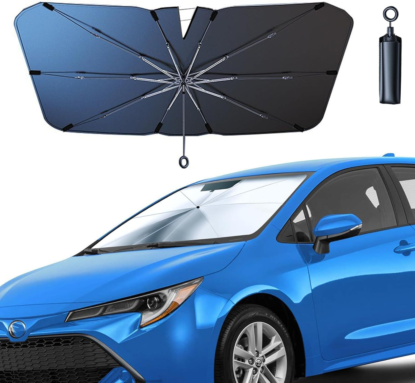 JDDRY Front Windshield Sun Shade with Pull Cord, Umbrella Sun Shade for Windshield, 2024 Car Umbrella Front Sun Shades Cover for Pickup/Large SUV/Truck/Minivan (150x82cm)