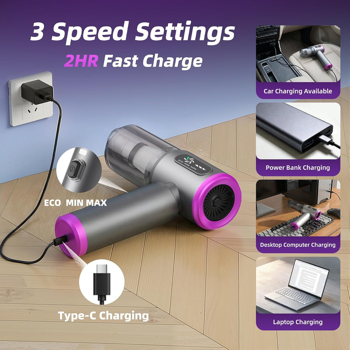Car Vacuum 3 in 1 High Power Cordless Mini Vacuum Cleaner & Air Blower, 25000PA Suction 250000RPM Air Duster, 6000mAh Portable Handheld Small Vacuum Cleaner for Car Home Office