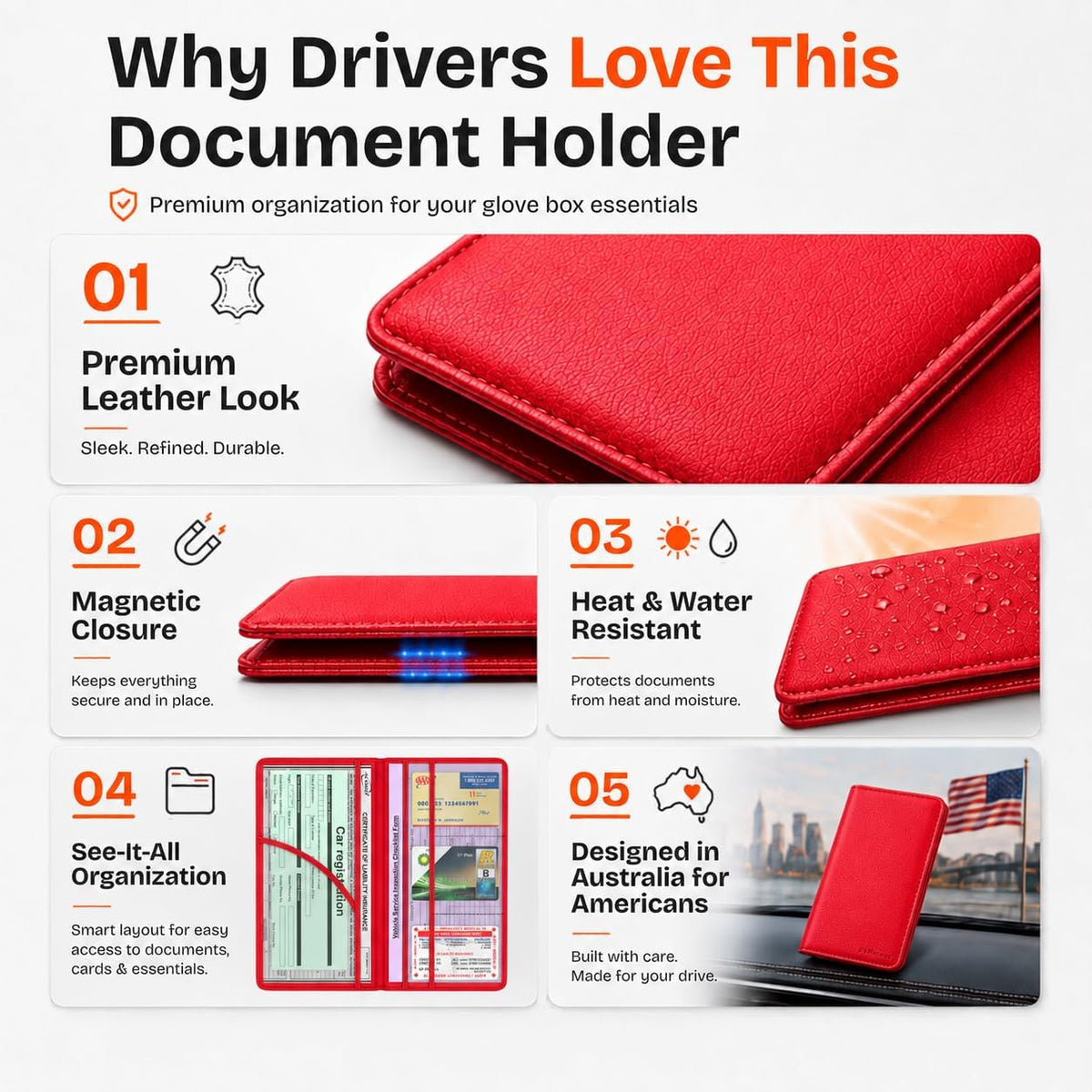 Insurance and Registration Holder, Red Premium PU Leather Glove Box Folder