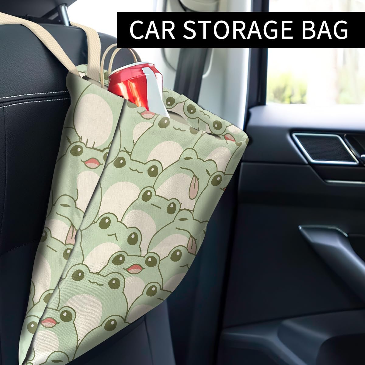 Cute Car Organizer and Storage Bag, Hanging Trash Bin for Vehicle, Travelling, Camping - Cute Green Frog