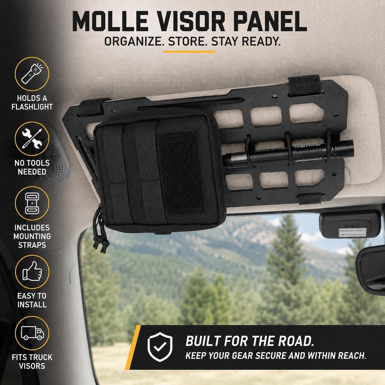 Visor MOLLE Organizer Panel for Car Sun Visor – Rigid ABS Storage Panel with Adjustable Straps – Vehicle Gear Organizer for Truck SUV (1 Pack)