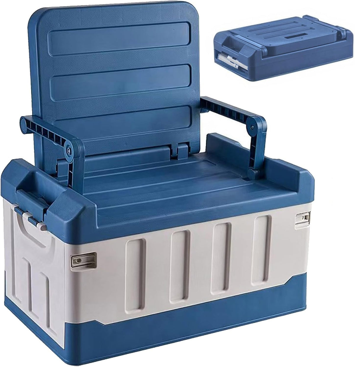 Versatile Foldable Seatable Car Organizer Box 60L Heavy Duty Storage Bins With Lids Trunk,Durable Plastic, Folding Camping Chairs (blue)