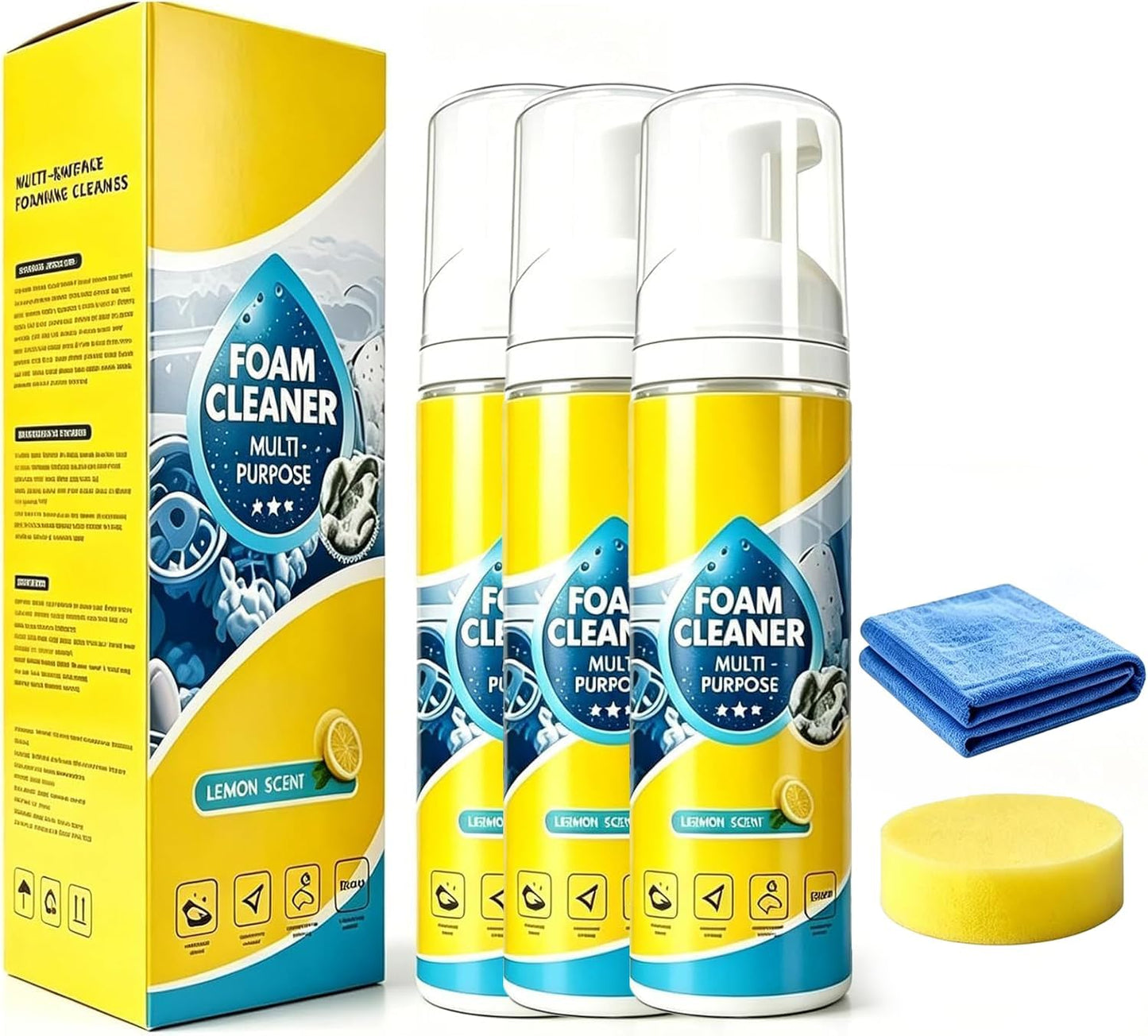 4-in-1 Multi-Enzyme Foam Cleaner,3PCS New Foam No-Rinse Cleaner,All Purpose Cleaning Foam for Car Interior, Home Kitchen, Bathroom,Multi-Surface Stain Remover with Cleaning Sponge & Towel (3PC)