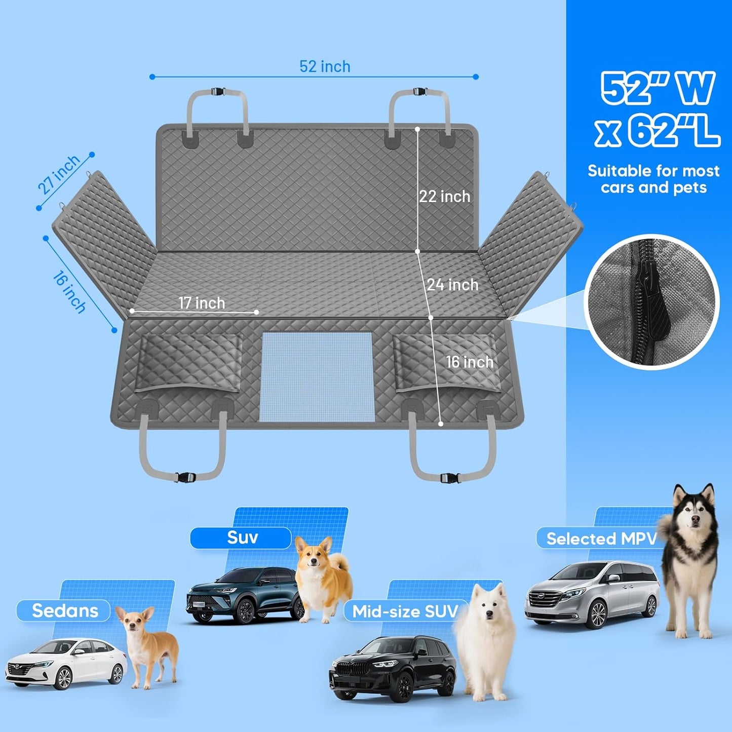 Dog Car Seat Cover for Back Seat with Hard Bottom,Waterproof Back Seat Extender for Dogs,Dog Hammock Dogs Bed for Cars, SUVs,Pet Seat Cover for Back Seat Holds 400lbs with Mesh Window & Pocket-Grey