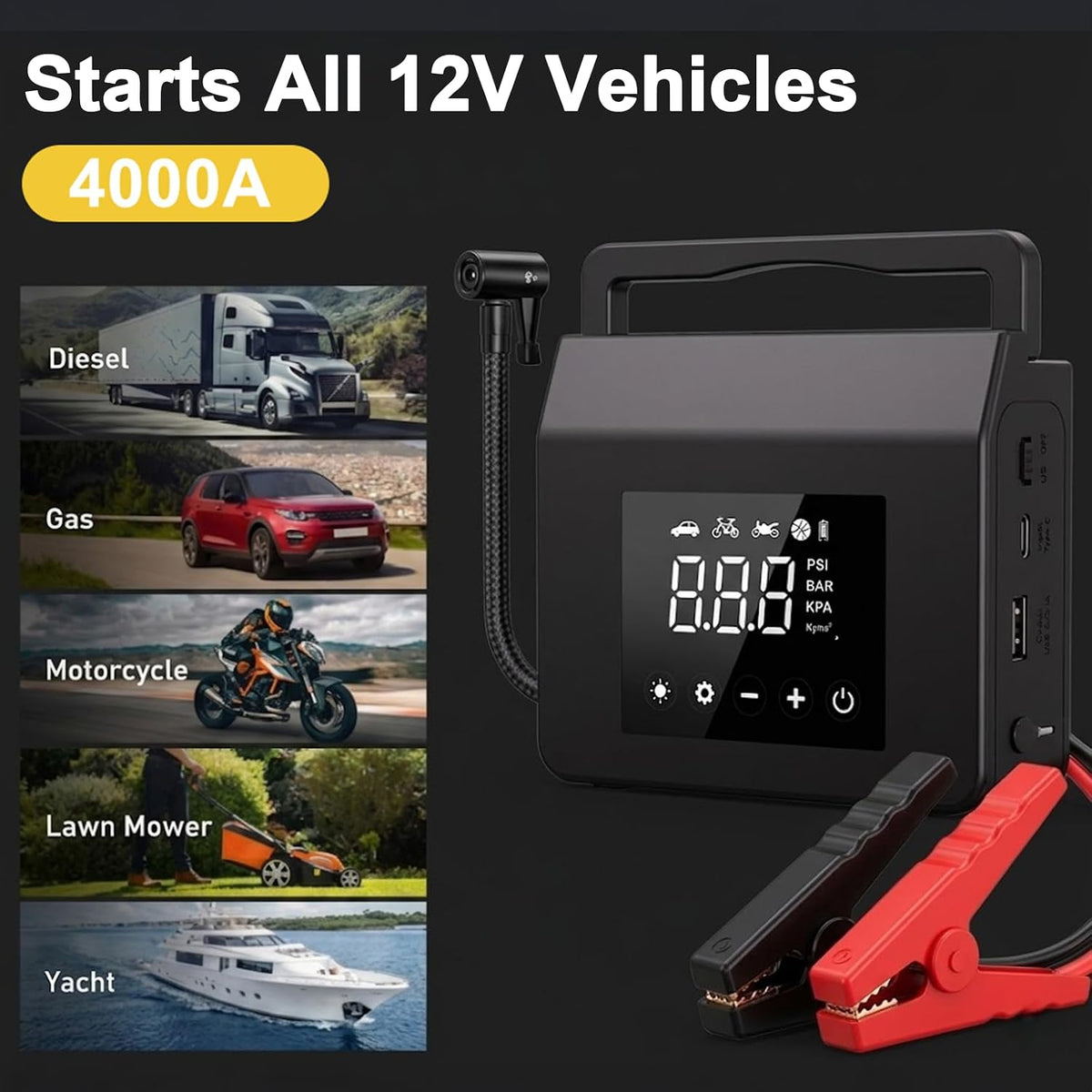 4000A Portable Car Battery Jump Starter with Air Compressor,150PSI Tire Inflator, Jumper Starter for All 12V Vehicles,Power Bank, LED Light,Auto Shutoff