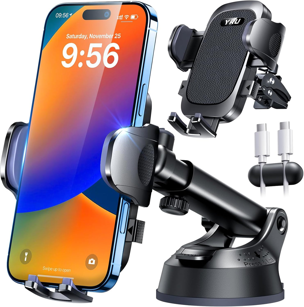 [True Upgrade for Safety] YRU Car Phone Holder Mount [Patent & Military-Grade] Dashboard Cell Phone Holder for Car Vent Windshield Phone Stand for iPhone17 16 15 14 13Pro Max Truck Samsung, Dark Black