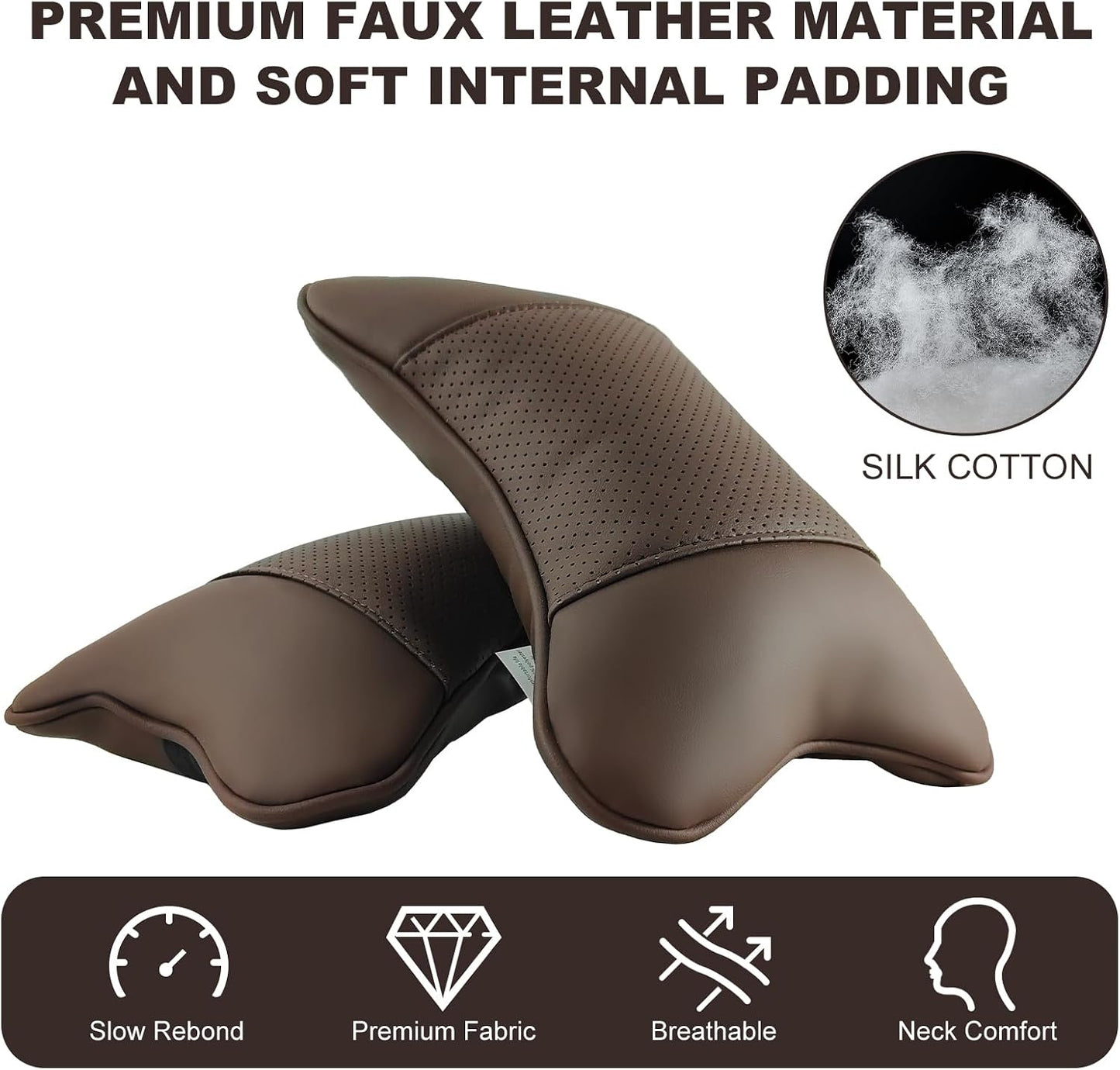 2 Pack Car Neck Pillow PU Leather Automotive Headrest Pillow for Car Support Neck Pain Relief Universal Car Pillow (Brown)