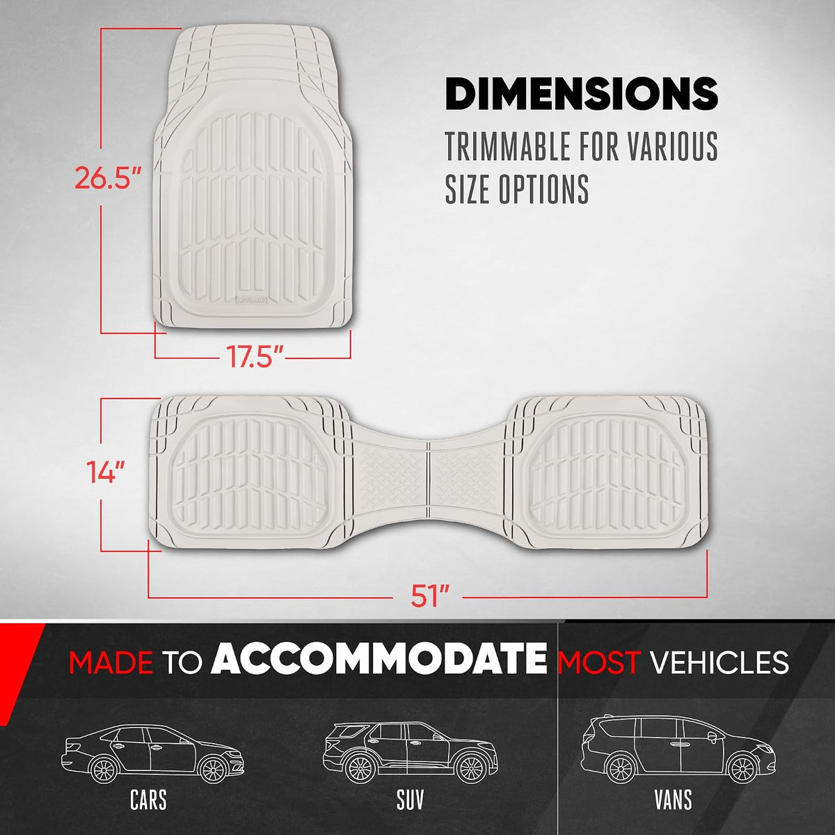 Motor Trend FlexTough LITE Rubber Car Mats Full Set - All Weather White Floor Mats for Trucks, Cars & SUVs - Automotive White Car Floor Mats for Cars Interior Accessories Universal Trim-to-Fit
