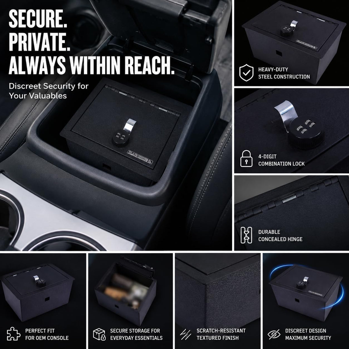Black Horse Center Console Safe Black Compatible with 2015-2020 Chevrolet Suburban|2015-2020 Chevrolet Tahoe|2015-2020 GMC Yukon|2015-2020 GMC Yukon XL-ASGM05