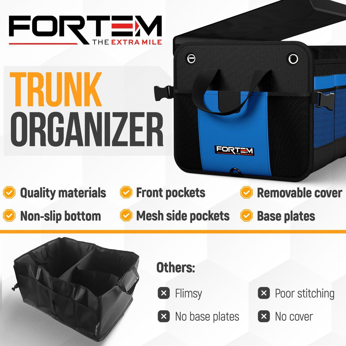 FORTEM Trunk Organizer For SUV Car Organizer and Storage, Multi-Compartment Storage Bag Car Accessories for Women Men, Perfect Christmas Gifts, 1680D Oxford, Non Slip Bottom, Straps, Soft Cover (90L)