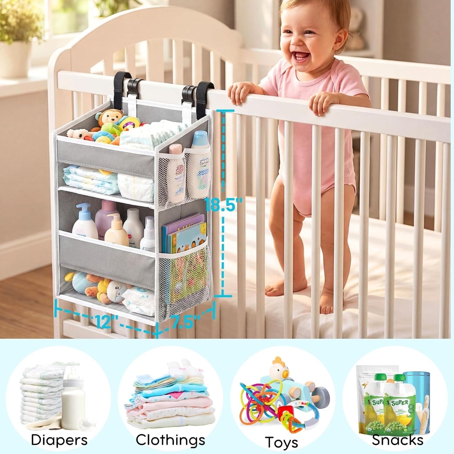 Hanging Diaper Organizer, 2 Tier Hanging Diaper Caddy, Holds 90+ Diapers | Durable Diaper Organizer for Changing Table,Cribs,Car,Playard or Wall & Nursery Organization, 4 Mesh Pockets, Won't Deform
