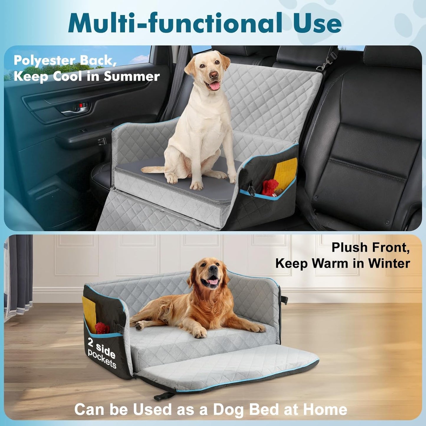 Large Dog Car Seat, Dog Car Bed for Large Dogs Under 60 lbs or 2 Small Breeds, Comfortable Pet Booster Seat with Soft Foam Thick Cushion, Detachable & Washable Pet Bed for Backseat, Black+Grey