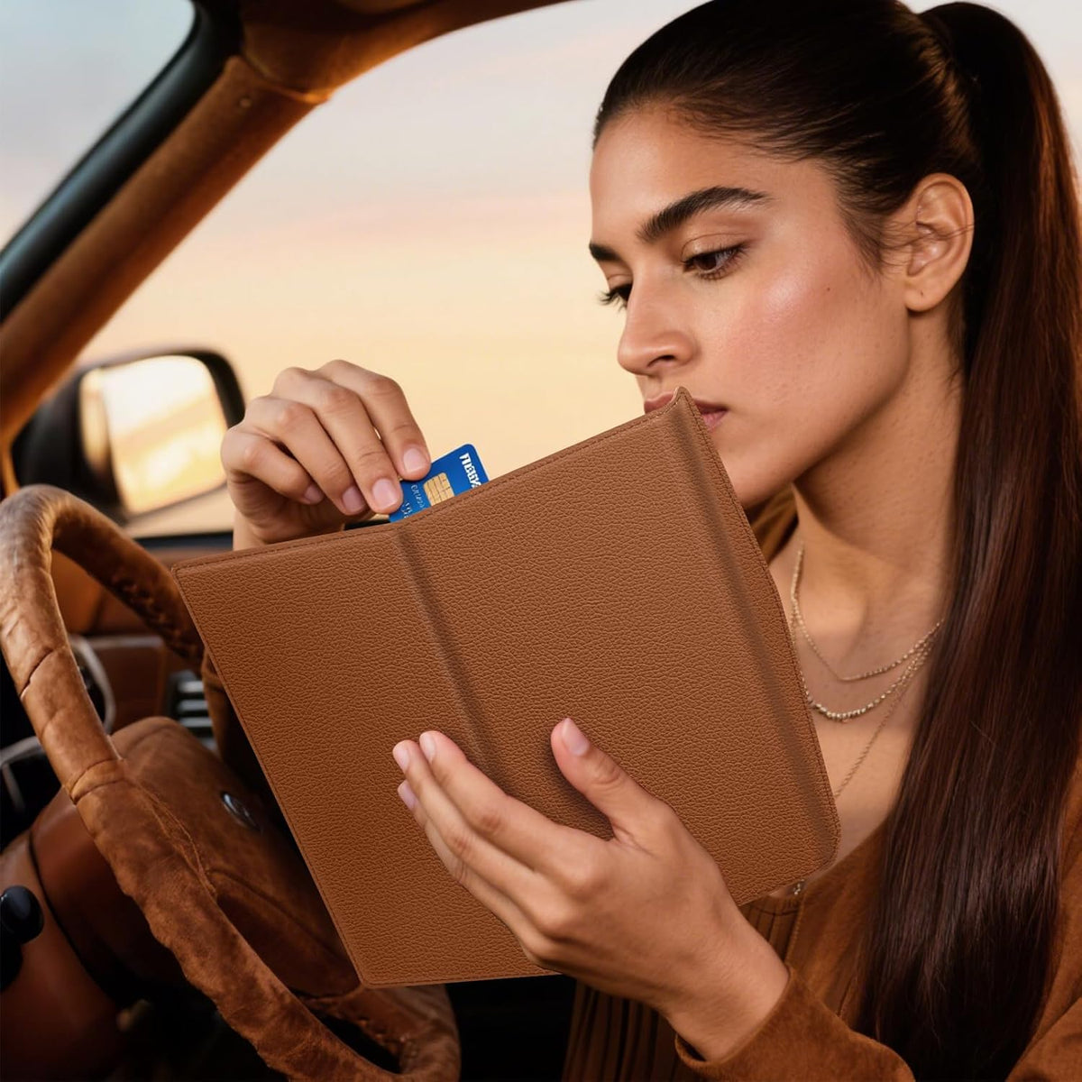 CoBak Leather Car Registration and Insurance Holder with Magnetic Compartment - Vehicle Glove Box Organizer for Driver License, Cards, Emergency Cash - Auto Truck Accessories Case, Lychee Brown