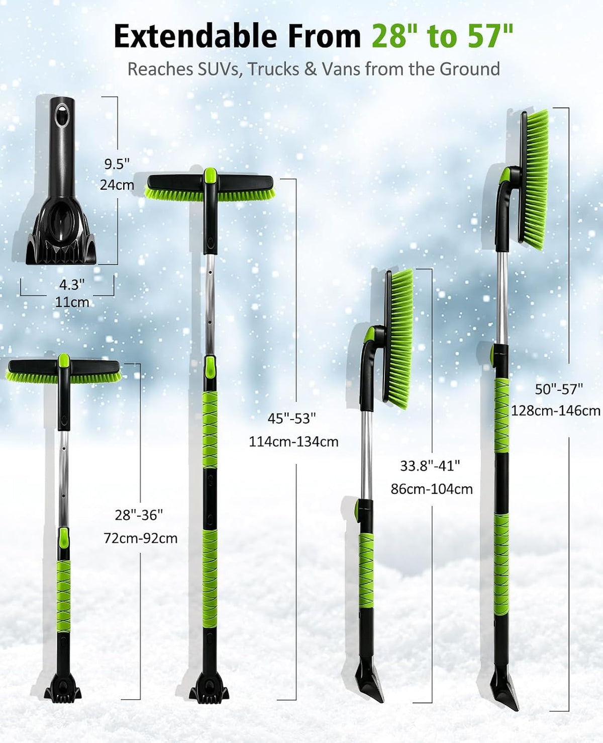 YeewayVeh 57in Snow Brush & Ice Scraper 360° Rotating, Long Handle, Green