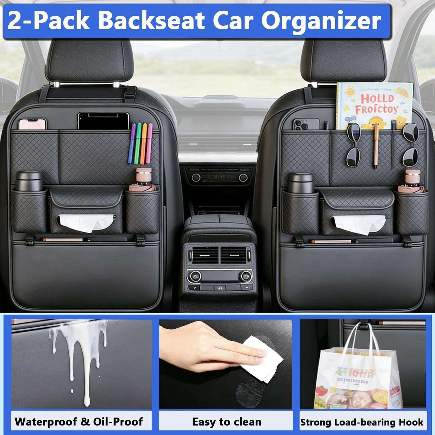 2-Pack Backseat Car Organizers with Hooks - Hanging Car Seat Back Organizers for Toys, Tablets, Books & Tissues - Hanging Car Back of Seat Storage Bags for Kids Toddlers, Black Leather Car Kick Mats