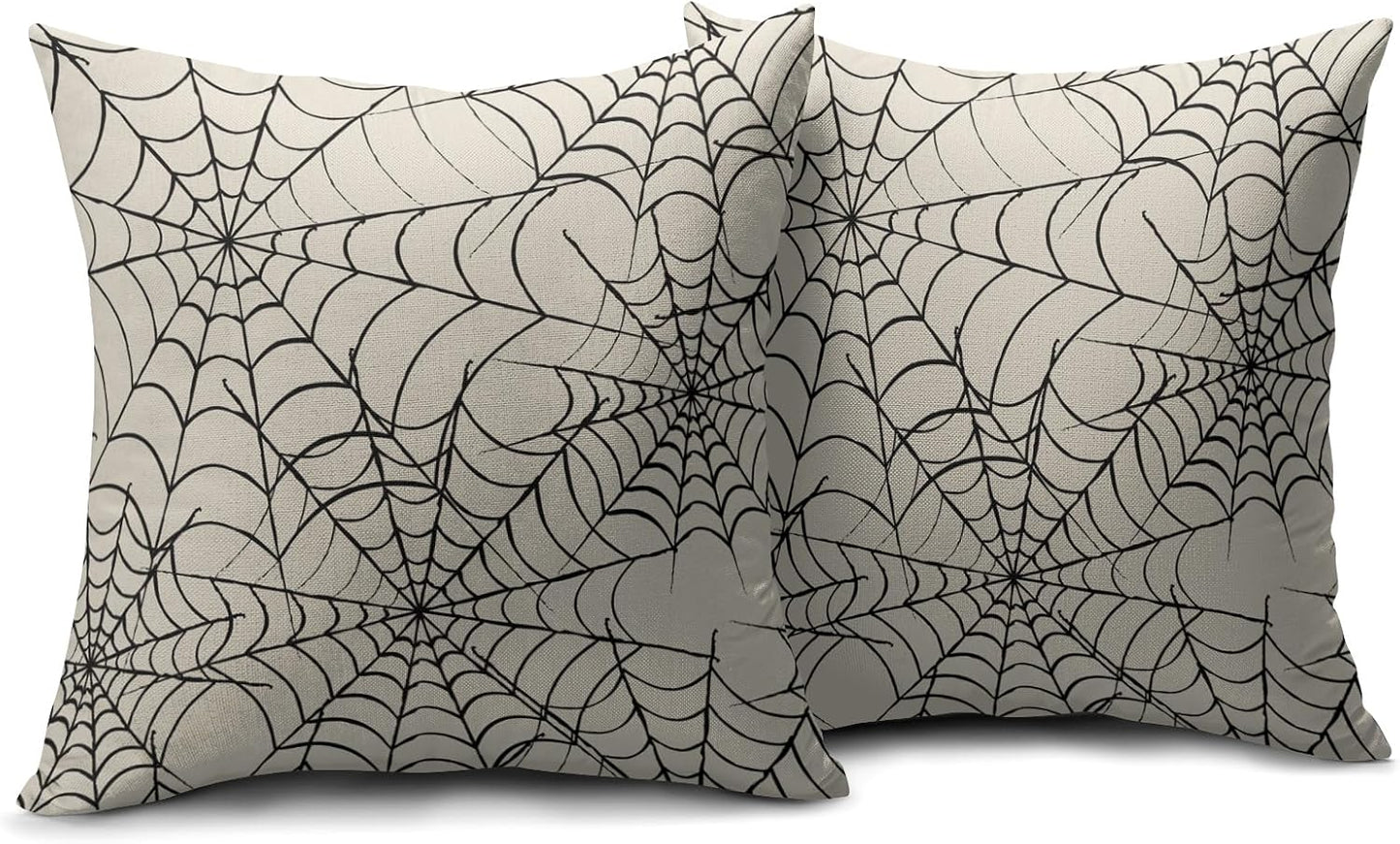 Robvobe Cream Halloween Spiderweb Pillow Covers 18x18 Set of 2 Black Web Outdoor Decorative Throw Pillows Halloween Scary Themed Farmhouse Pillowcases Linen Cushion Case Decor for Home Sofa Couch Bed