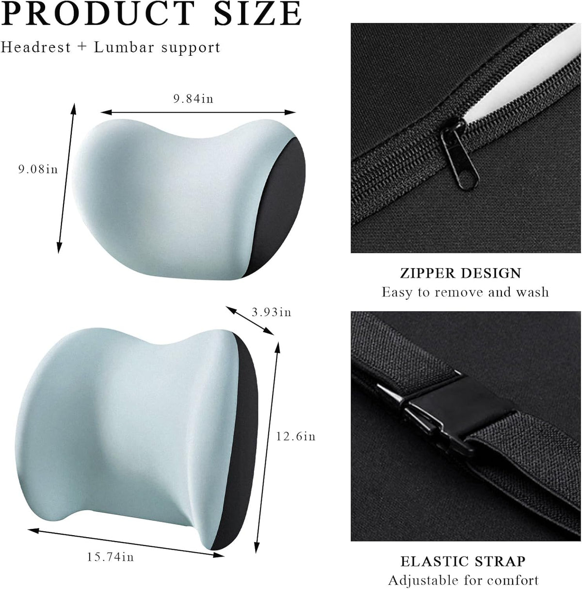 Car Headrest & Lumbar Support Cushion, Ergonomic Memory Foam Car Neck Back Support w/Removable Cover, Universal Breathable Lumbar Cushion Headrest Pillow with Adjusatble Strap (Sky Blue)