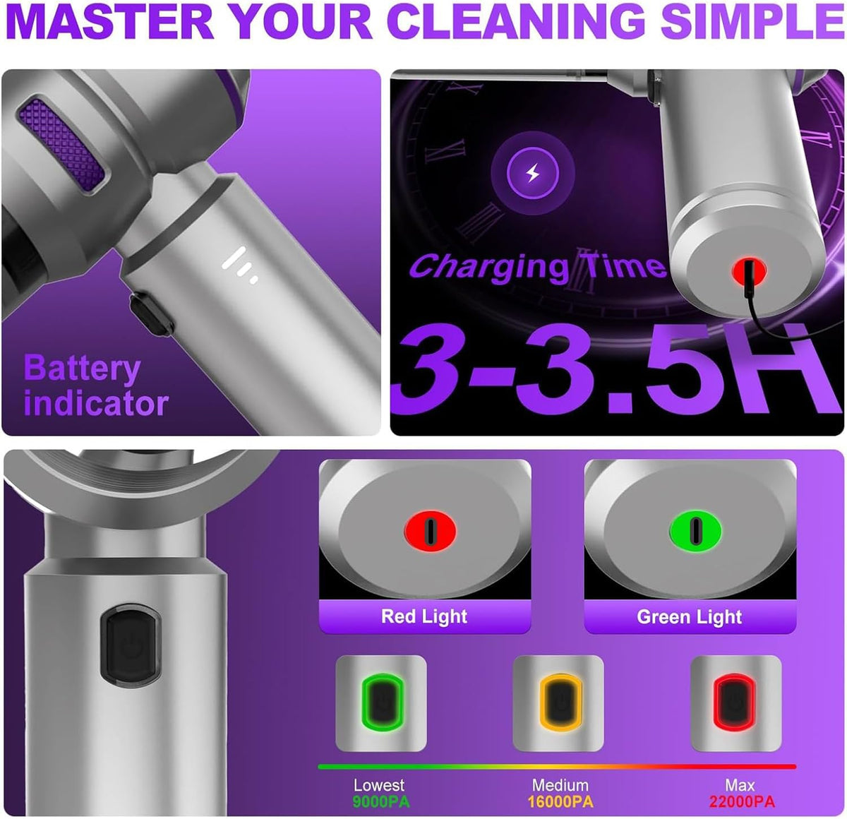 Handheld Car Vacuum Cordless, 22000PA Strong Suction Mini Vacuum Cleaner with Brushless Motor, 4-in-1 Portable Vacuum for Car Detailing, Home, Office & Travel, Silver Purple