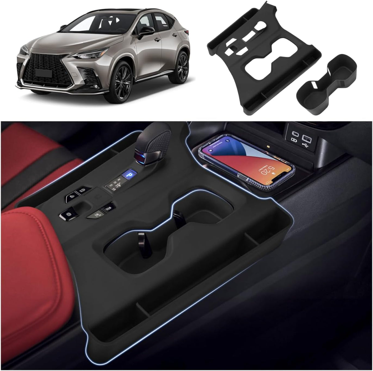 Autorder Center Console Organizer for 2014-2021 Toyota Tundra Accessories Armrest Storage Box Secondary Insert Full Tray with Red/Blue/Black Silicone Pads