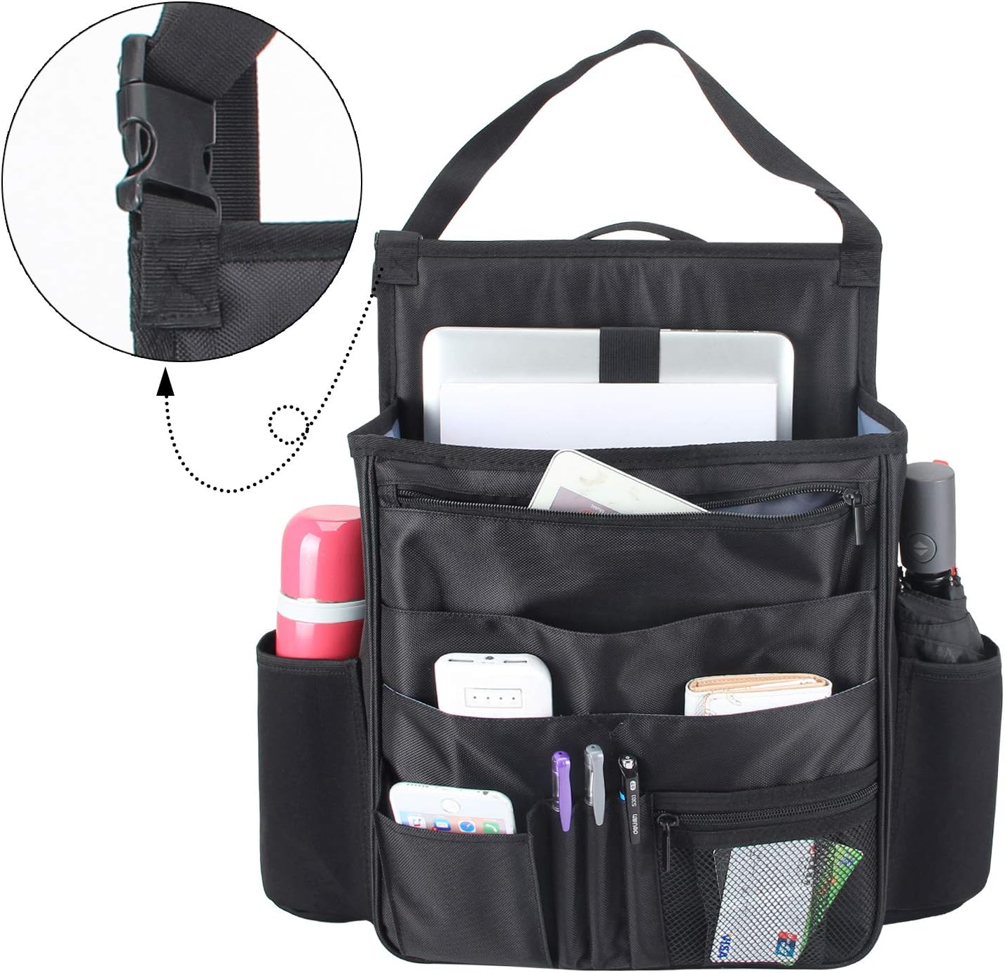 LUXJA Car Front Seat Organizer with Laptop and Tablet Storage Pockets, Car Seat Organizer with Back Adjustable Straps, Black