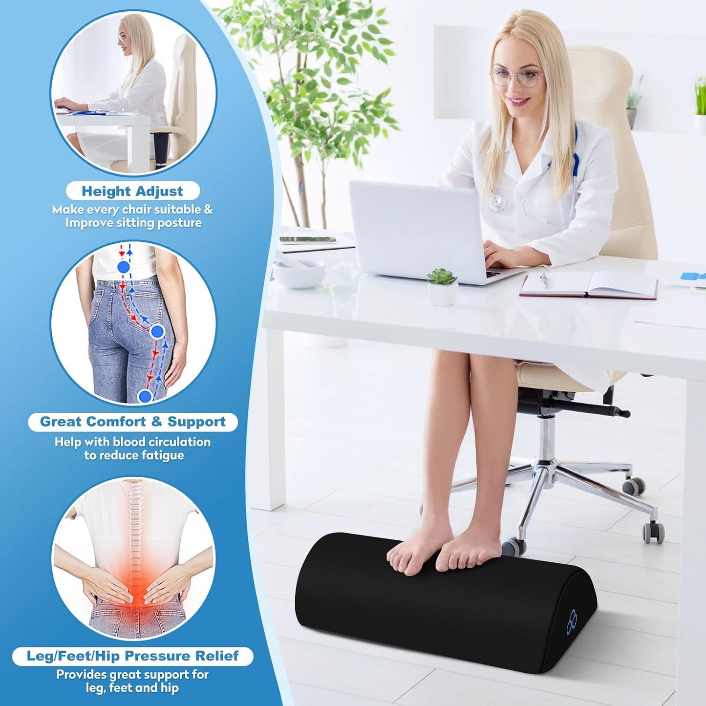 StepLively Foot Rest Ergonomic Pillow for Under Desk at Work, Anti-Fatigue Footrest Support Pillow for Fatigue &amp; Pain Relief, Comfortable for Office Chair, Car Seat &amp; Gaming Chair - Black