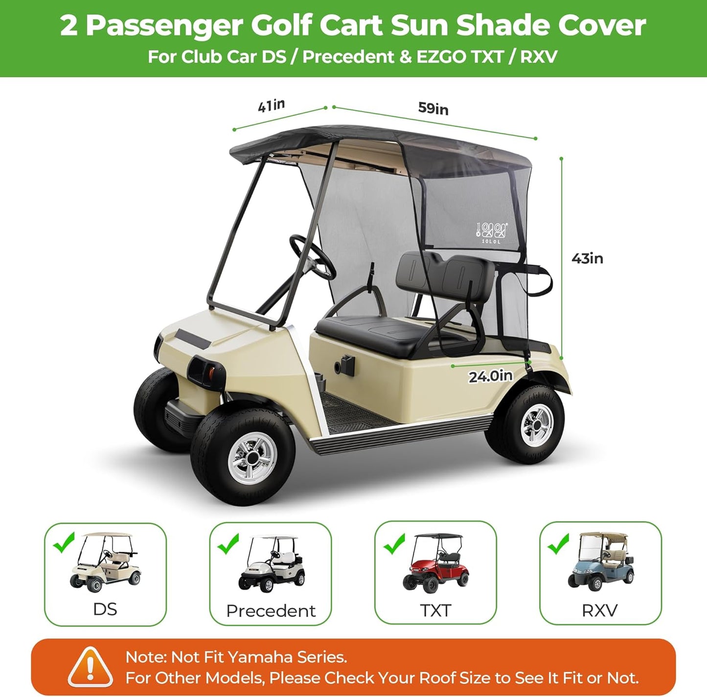 10L0L 2 Passenger Golf Cart Sun Shade Cover for EZGO TXT RXV & Club Car DS Precedent Tempo, UV Heat Blocking Polyester Mesh Canopy Cover, Durable & Easy Install (Roof Size:59" L X 41" W)