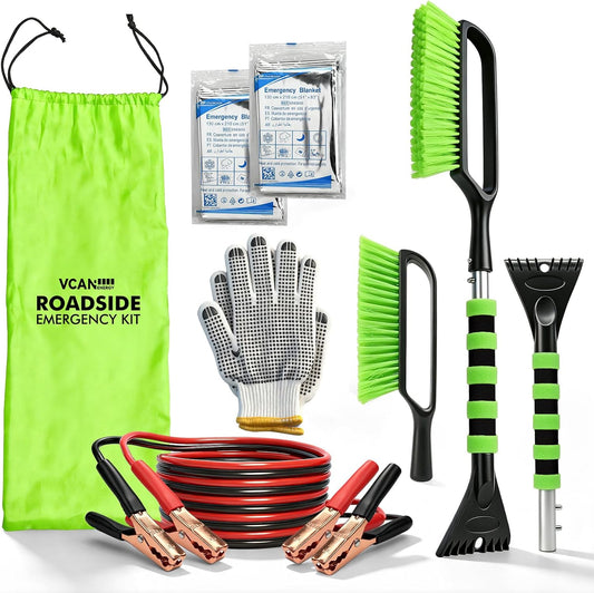Winter Car Emergency Kit with Jumper Cables, 2-in-1 Detachable Snow Brush