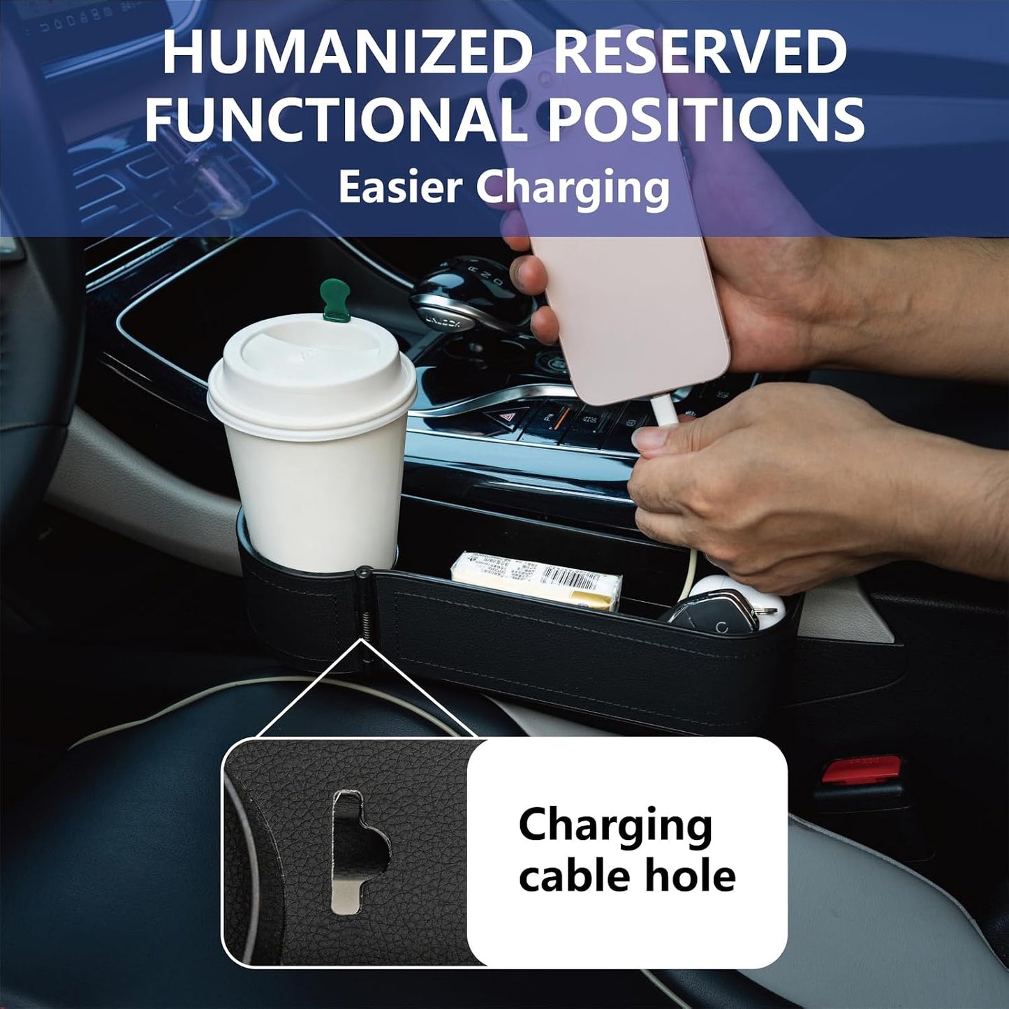Car Seat Gap Filler Organizer,2 Pack Car Leather Cup Holder Gap Bag,Car Seat Storage Box with Cup Holder Expander,Car Organizer Front Seat for Holding Phone, Glasses, Keys, Cards (Black)