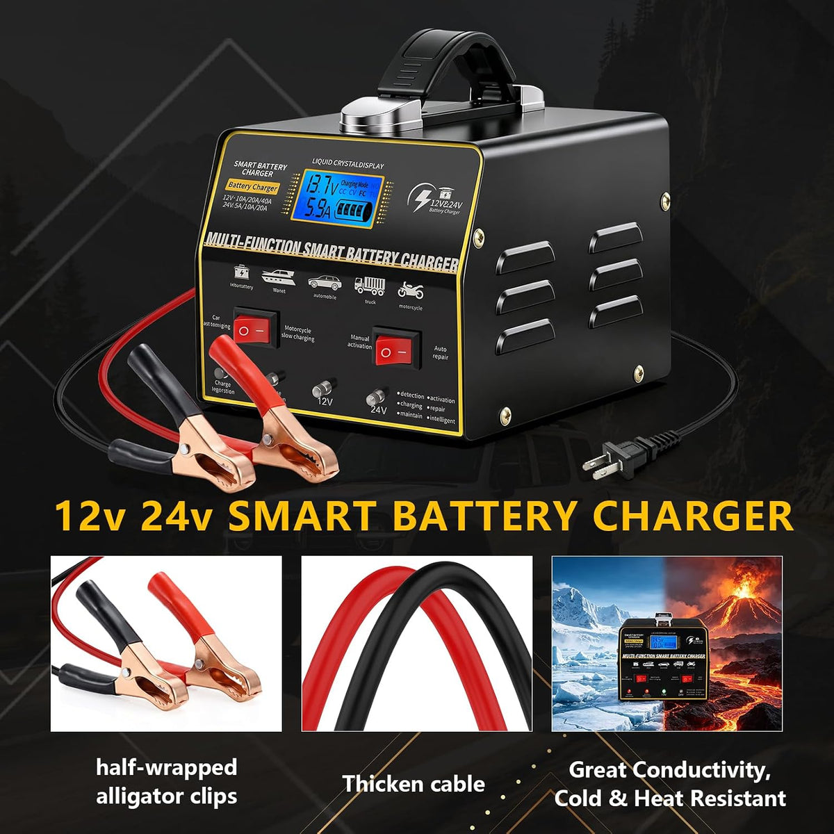 Smart Battery Charger 12V/24V Auto-Trickle Charger for Car, Truck, Motorcycle,Lawn Mower, Boat, Pulse Repair, 6-Stage Protection