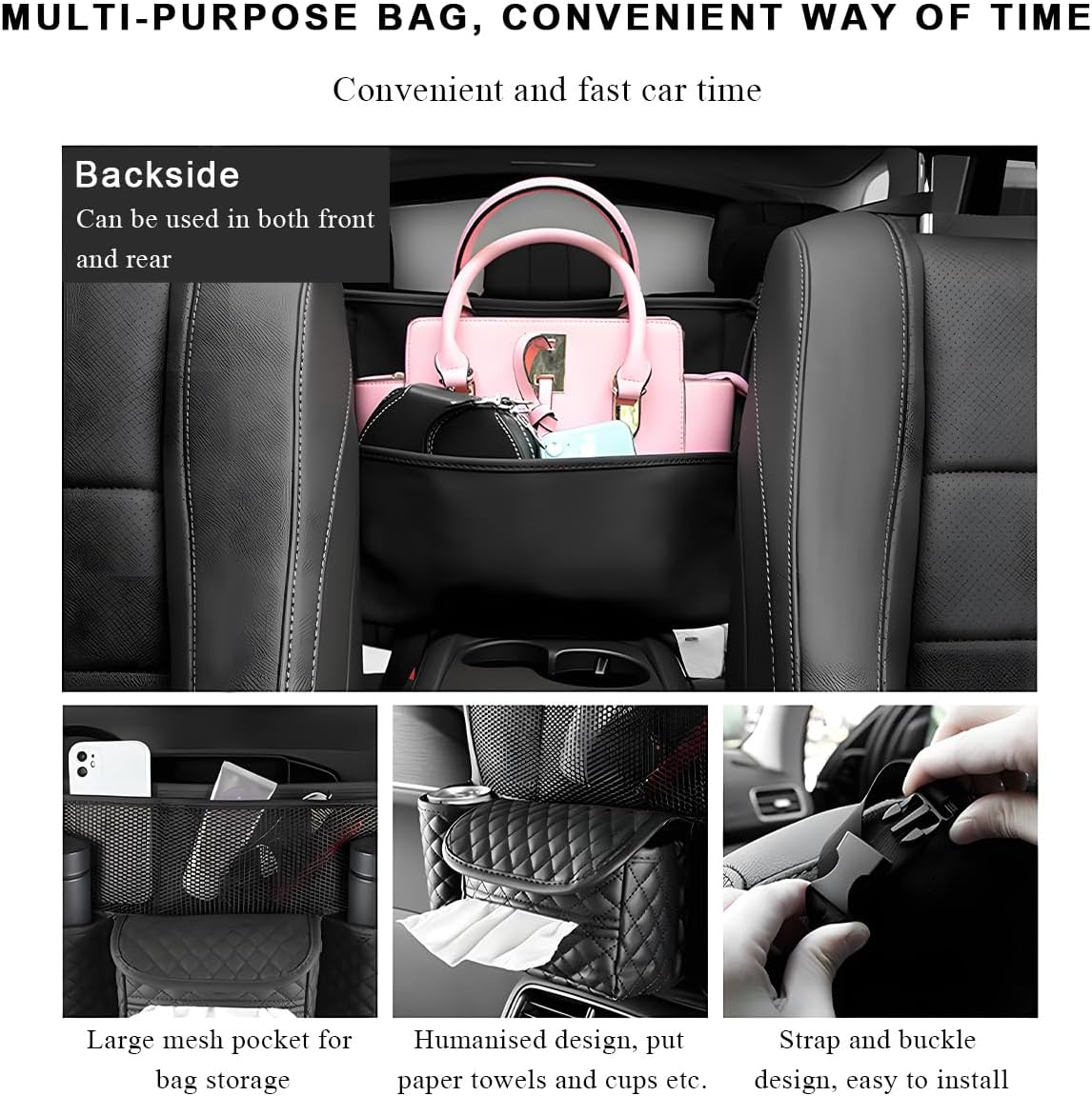 DXNQ Car Purse Holder Between Seats, Luxury Leather Front Seat Back Handbag Organizer with Tissue Box Cup Holders, Auto Large Capacity Multi Pocket Purse Holder Hanging Storage Bag (Beige)