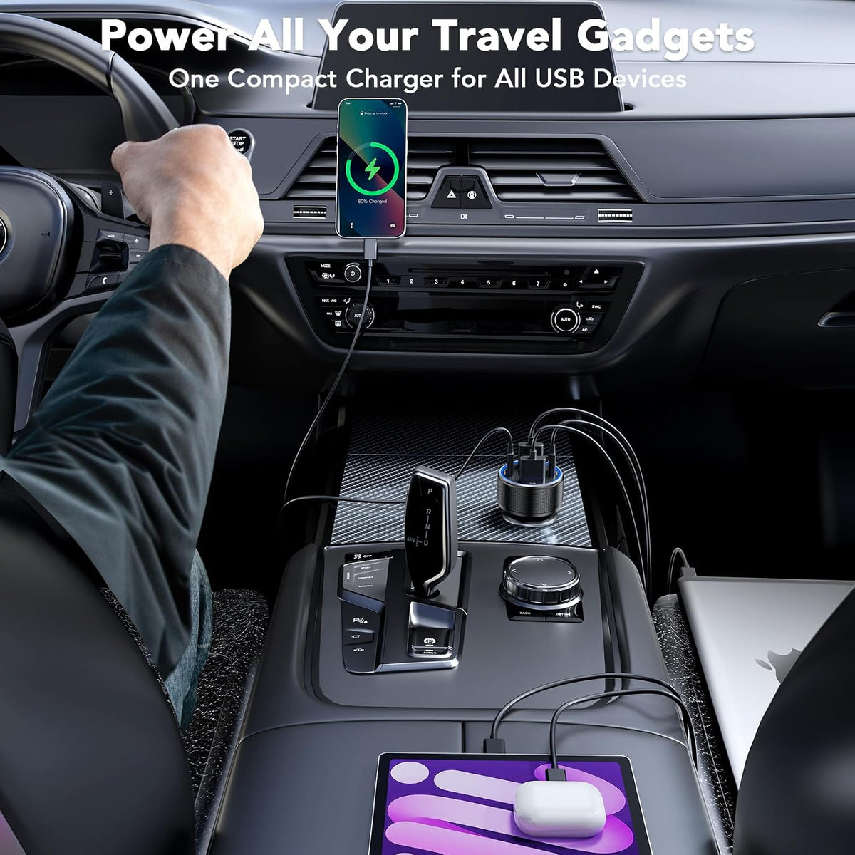 USB Car Charger, 2 Pack Cigarette Lighter USB Charger Aluminum Alloy Fast Charging Car Charger Adapter with Voltage Display Type C Car Accessories for iPhone 17 16 Samsung Galaxy Google iPad Android