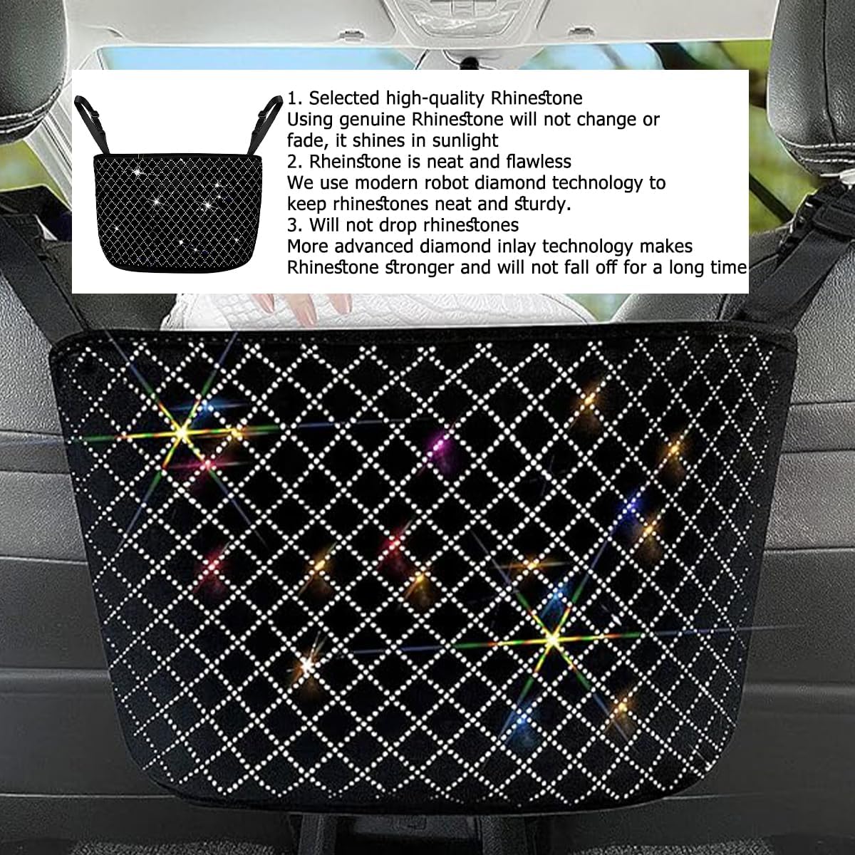 zipelo Bling Car Net Pocket Handbag Holder, Rhinestone Vehicle Backseat Purse Organizer Between Seats, Diamond Hanging Storage Bag Barrier of Pet Kids, Universal Automotive Accessories (White)