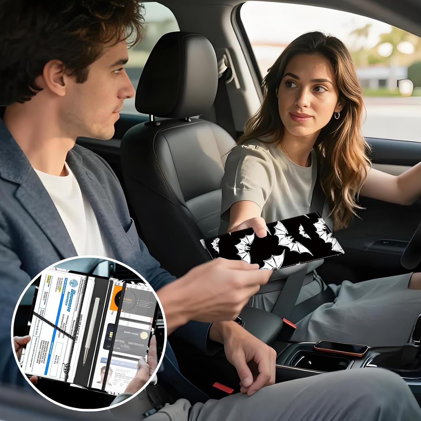 Car Registration and Insurance Holder with Magnetic Shut, Cute Vehicle Glove Box Car Organizer, Premium Interior Car Accessories for Women Men Black White Bats