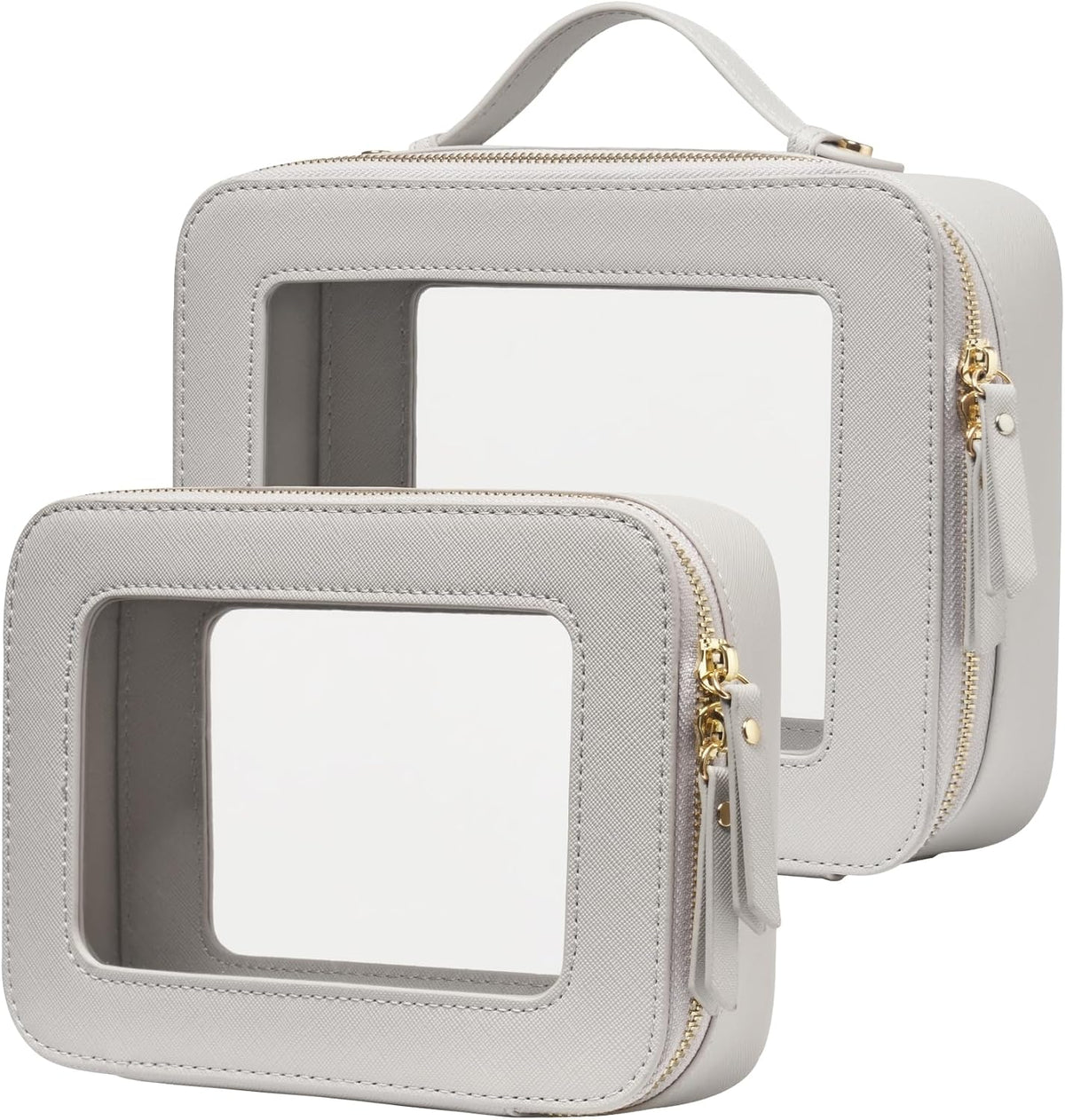 Popvibe Clear Makeup Case Set Toiletry Bag Travel Large Clear Cosmetic Bag with Zipper, Big Make Up Bag Organizer Women Traveling TSA Approved Transparent Bag Car for Essentials, Beige Grey