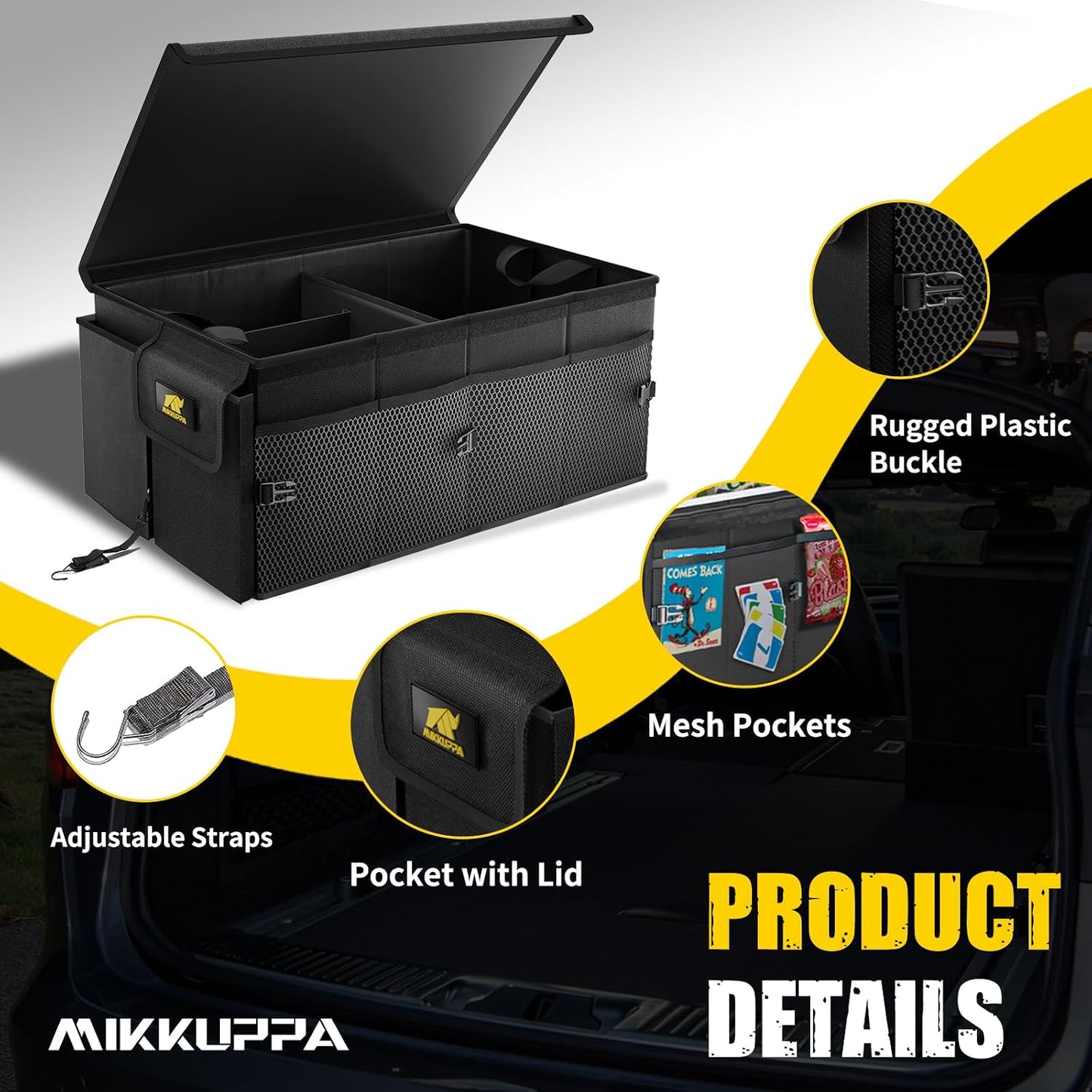 MIKKUPPA Car Trunk Organizer & Car Wash Mitt - 65L Collapsible Black Trunk Organizer with Lid, Yellow & Gray Double-Sided Chenille Scratch Free Mitt with Waterproof Inner