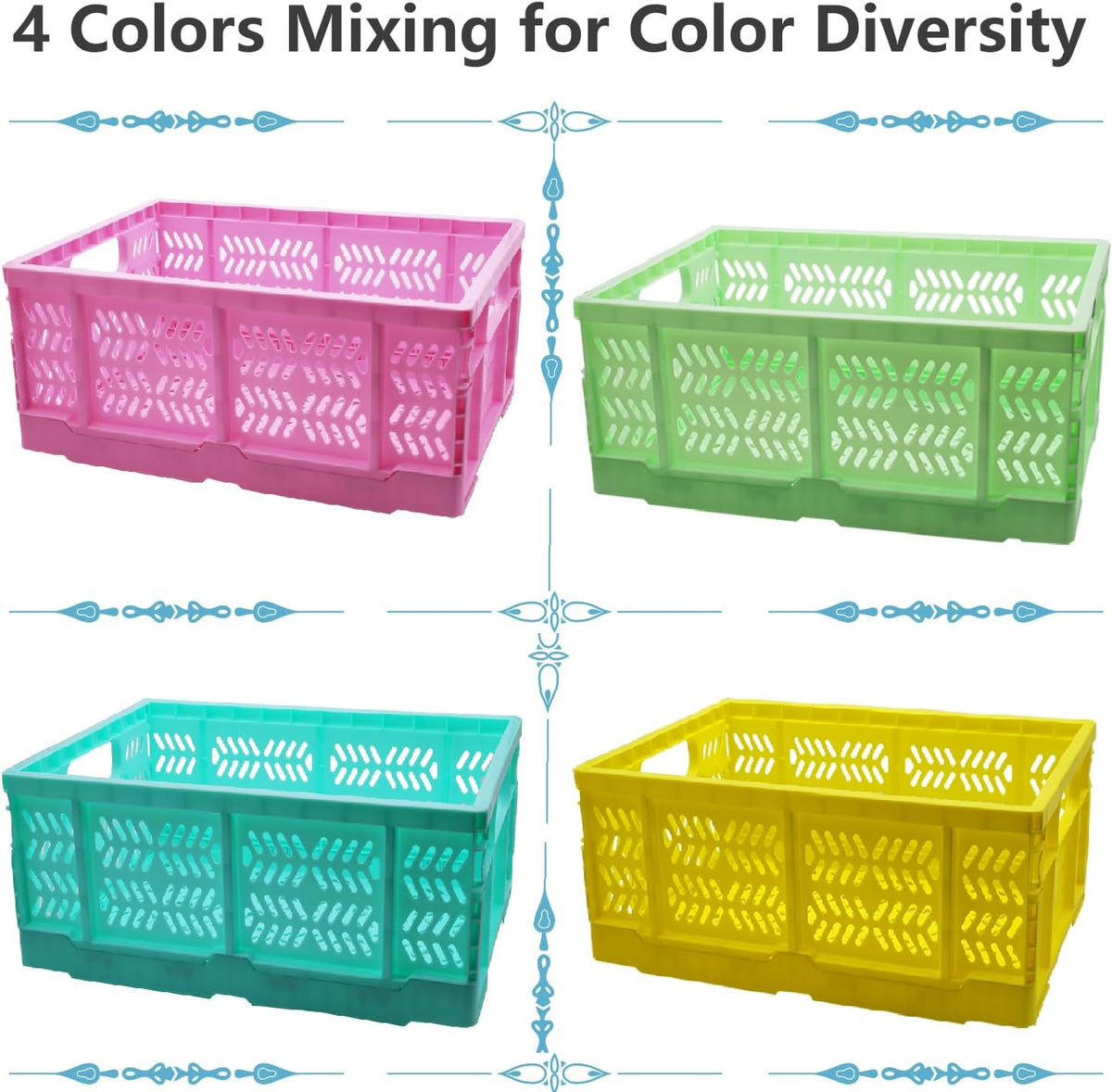 20L Folding Crate, 4Pack Plastic Storage Baskets Organizer for Home and Office,Collapsible Storage Crates for Home Office and Outdoor Organizer. (Mix Colors)