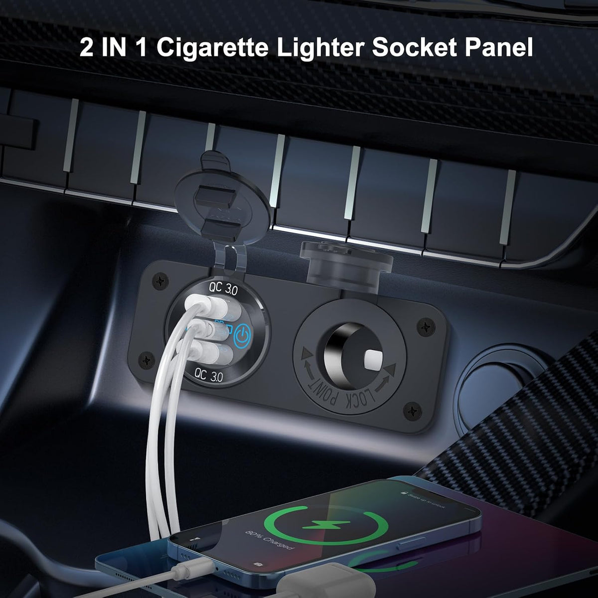 12V USB Outlet Marine Switch Panel 12 Volt Plug, PD3.0 & Dual Quick Charge 3.0 USB Ports Aluminum Car Charger with Power Switch, Waterproof 150W Cigarette Lighter Socket 2 in 1 DIY Kit for Boat RV ATV