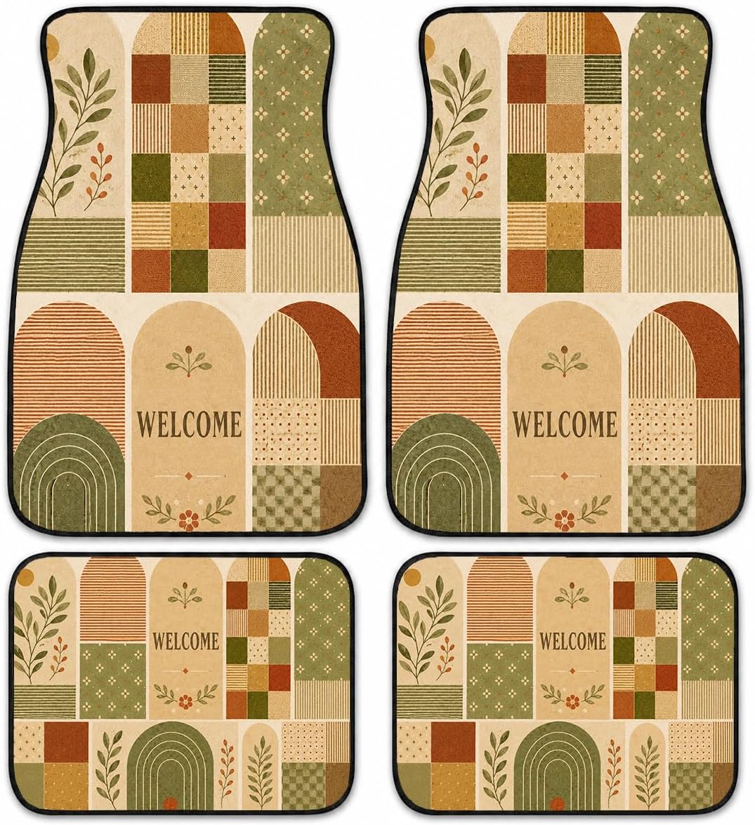 Crane Oriental Patchwork Car Floor Mats 4 Piece Set, Checker Flora Universal Auto Floor Mats for Cars SUVs Trucks, Non-Slip Easy Clean Durable All-Weather Interior Mats