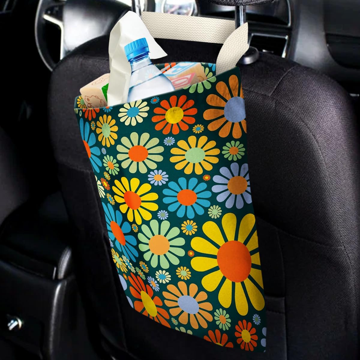 Car Trash Bag Hanging No Snap Small Garbage Bag for Car Back Seat Cute Printed One-handed Strap Trash Bags Car Accessories-Hippie Flower Car Trash Bags