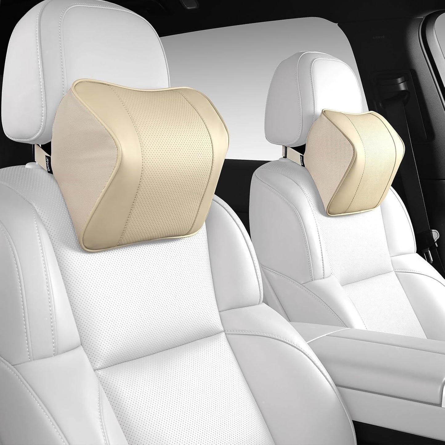 Quintor Genuine Leather Car Neck Pillow,Memory Foam Headrest Cushion, Ergonomic Cervical Support for Tesla Model 3/Y/X, Lexus, BMW- Breathable & All-Season Soft (2 PC)