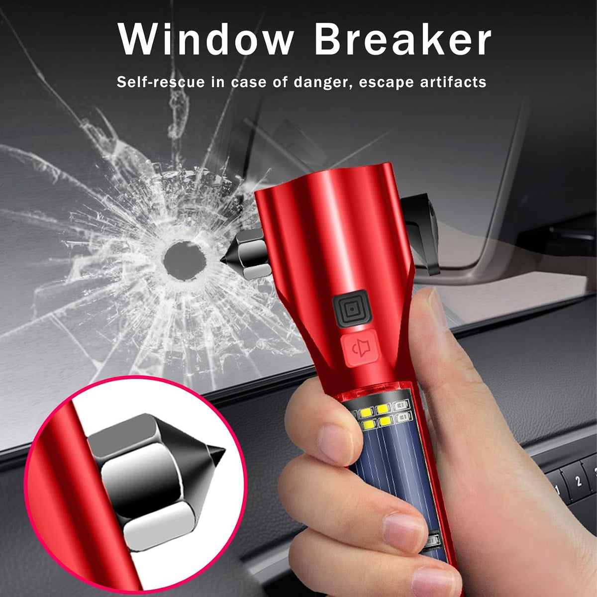 Car Glass Breaker Hammer with Flashlight, Multi-Function Rechargeable Emergency Escape tools with Window Breaker and Seatbelt Cutters,Bright Solar Torch， RescueAlarm Rescue, Strobe SOS Beacon