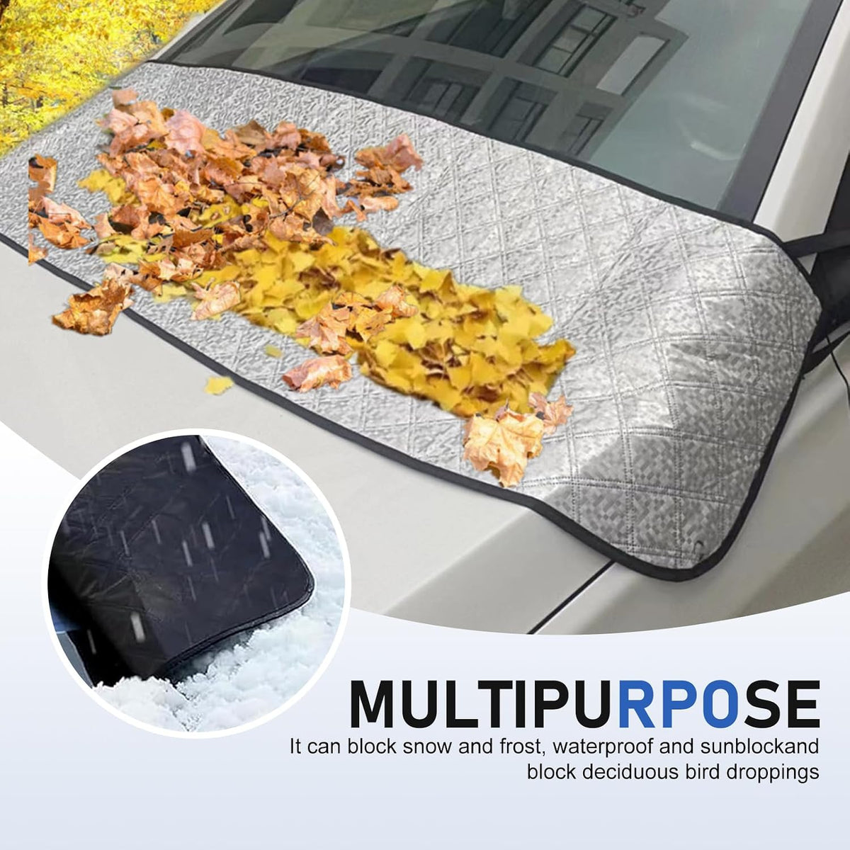Car Windshield Cover, Anti-aging Windshield Cover for Leaves Waste Paper Rain and Snow, Sunproof & Scratchproof Vehicle Front Wiper Slot Protective Shield, for Most Cars (Silver)