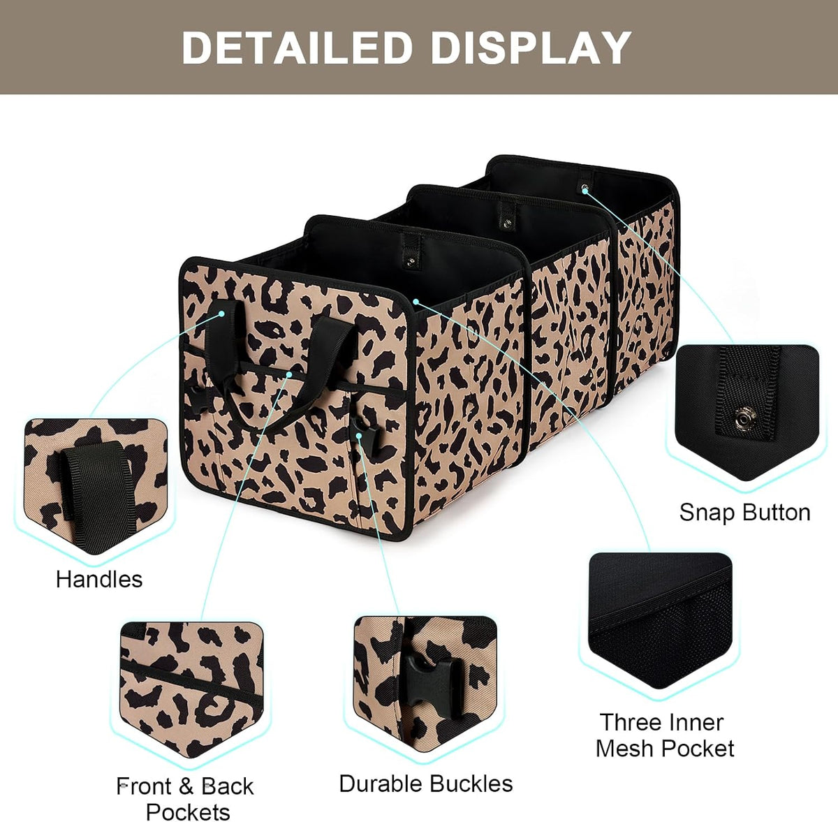 Leopard Trunk Organizer Foldable Car Organizer Portable Car Accessories for SUV & Sedans Waterproof Nylon Storage Box