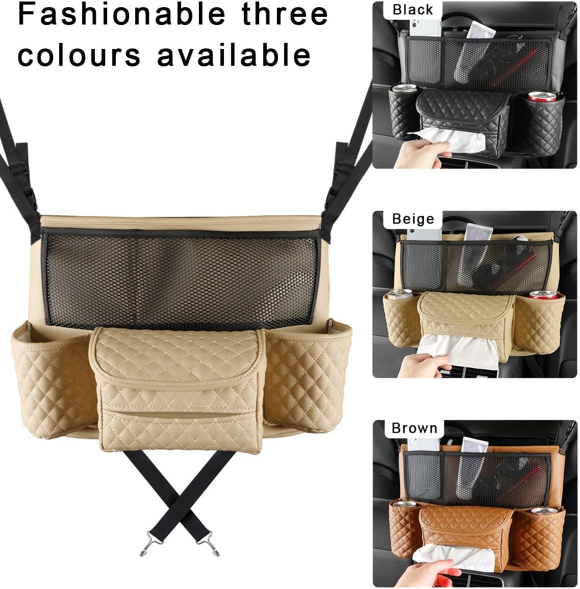 DXNQ Car Purse Holder Between Seats, Luxury Leather Front Seat Back Handbag Organizer with Tissue Box Cup Holders, Auto Large Capacity Multi Pocket Purse Holder Hanging Storage Bag (Beige)