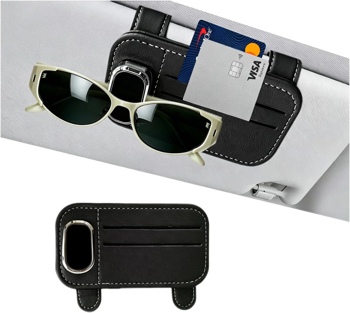 Sunglasses Holder For Car,Black PU Leather Glasses Clip For Sun Visor