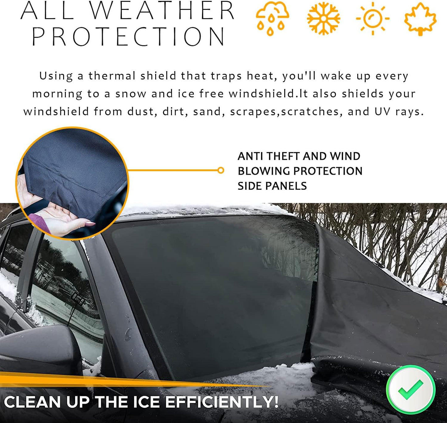 Car Windshield Cover Large Enhanced 600D Oxford Fabric Windshield Frost Cover for Ice and Snow Frost Waterproof Wiper Front Window Protects UV Sunshade Cover for Most Cars SUV Vans (75" x 46")