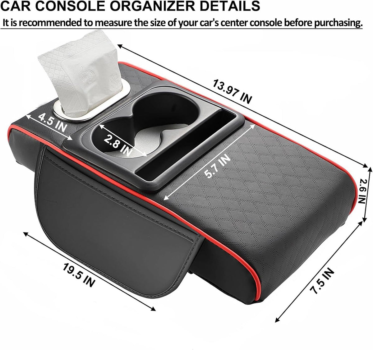 Center Console Cover,Car Armrest Cushion Multifunctional with 2 Storage Bags Cup Holder,Phone Slot,Tissue Box Slot for Most Cars Accessories Interior Organizers-Black 13.8x7.9 in